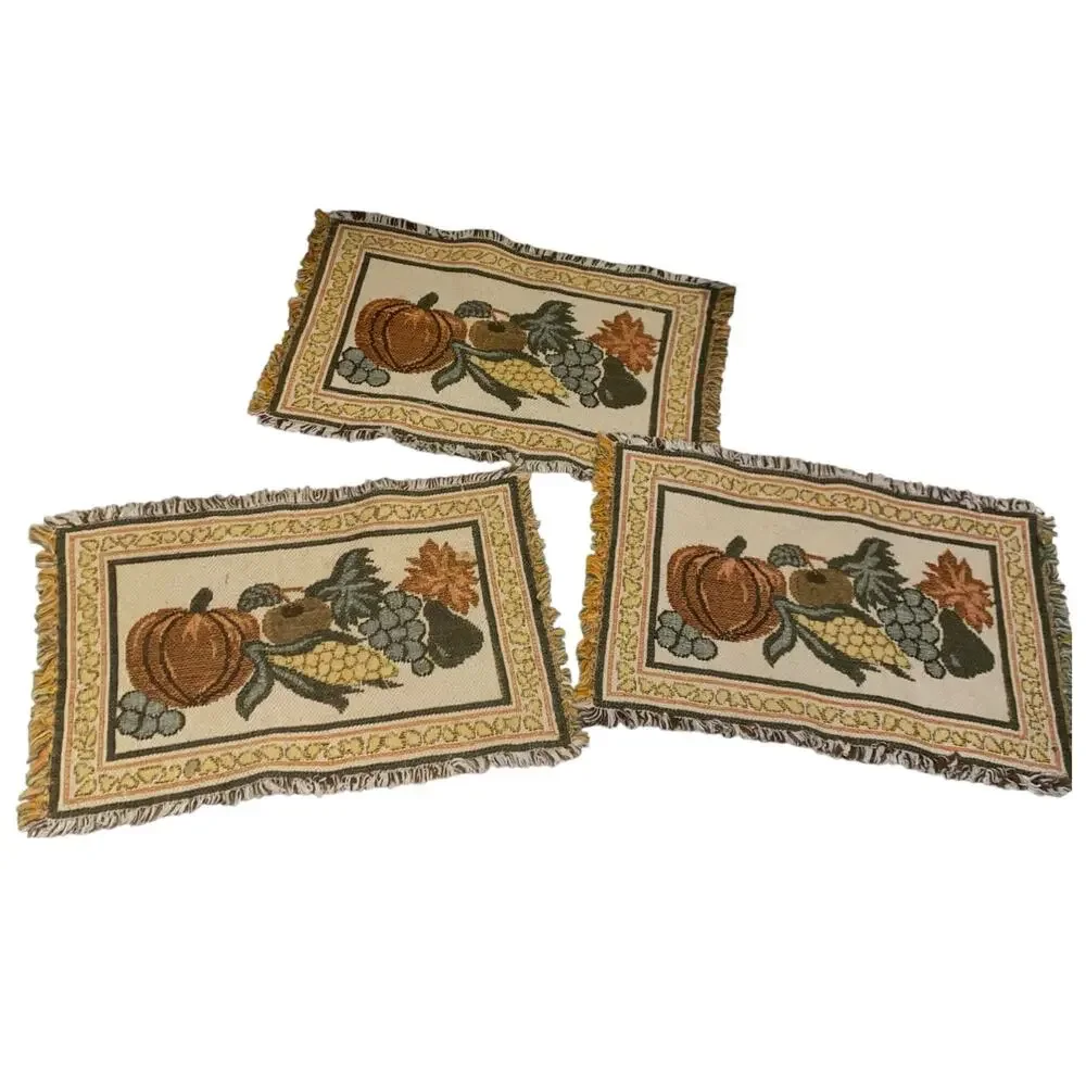 SET OF THREE Woven Tapestry Placemats Fall Harvest Pumpkin Grapes Fringe 17x10.5